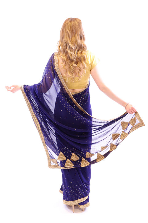 Classy & Chic Navy Blue with Gold Embroidered Pre-Pleated Ready-Made Sari-SNT10028