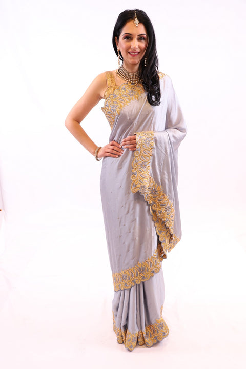 Stunning Grey with Luxurious Gold Embroidered Pre-Pleated Ready-Made Sari