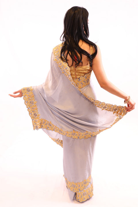 Stunning Grey with Luxurious Gold Embroidered Pre-Pleated Ready-Made Sari