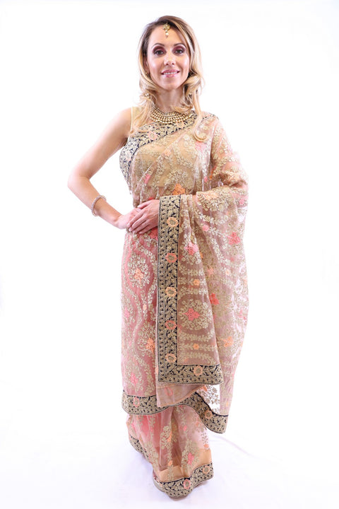 Ombre Peachy Gold Embroidered Pre-Pleated Ready-Made Sari