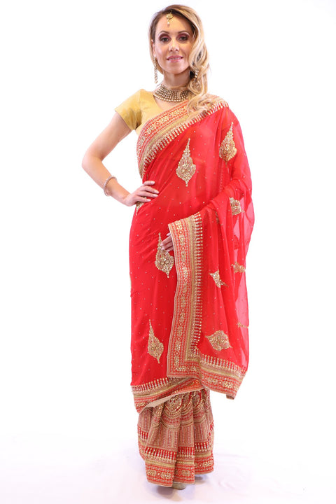 Stunning Red with Golden Embroidered Pre-Pleated Ready-Made Sari
