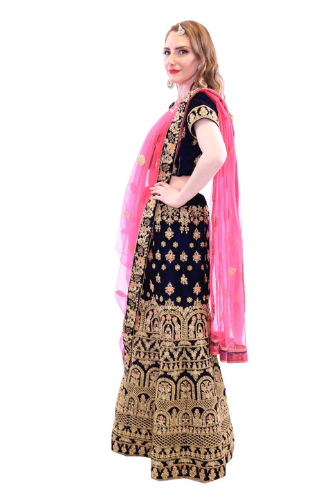 Auspicious Navy Blue Designer Soft Velvet Lehenga Choli - SNT11028