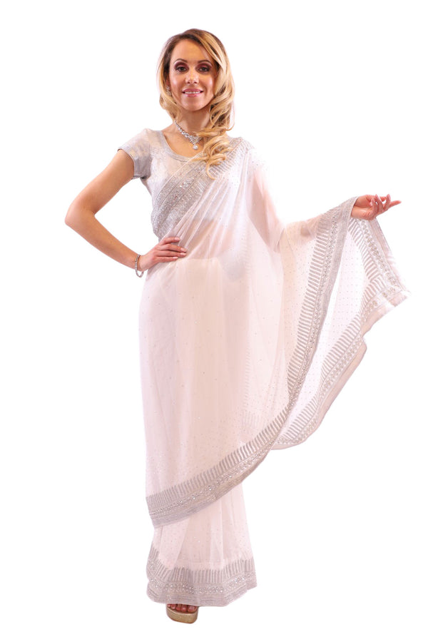 Dazzling White with Silver Embroidered Pre-Pleated Ready-Made Sari