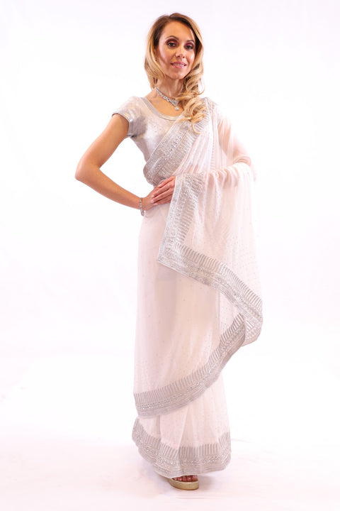 Dazzling White with Silver Embroidered Pre-Pleated Ready-Made Sari