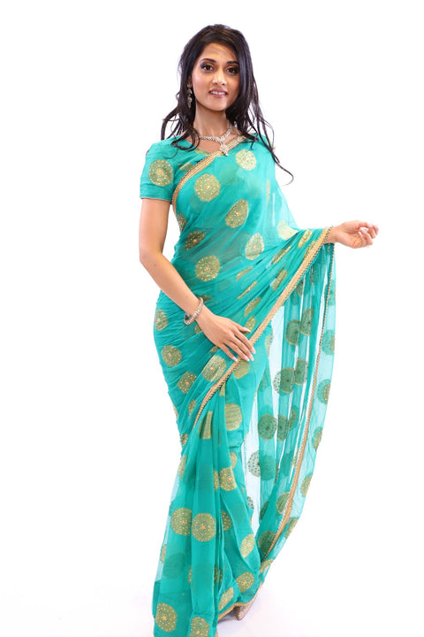 Ravishing Green with Gold Print Pre-Pleated Ready-Made Sari-SNT10015