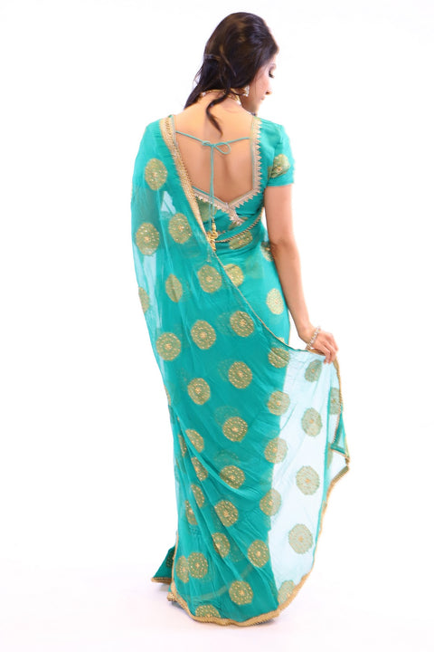 Ravishing Green with Gold Print Pre-Pleated Ready-Made Sari-SNT10015