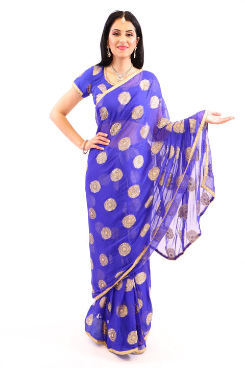 Royalty Blue with Gold Print Pre-Pleated Ready-Made Sari-SNT10014