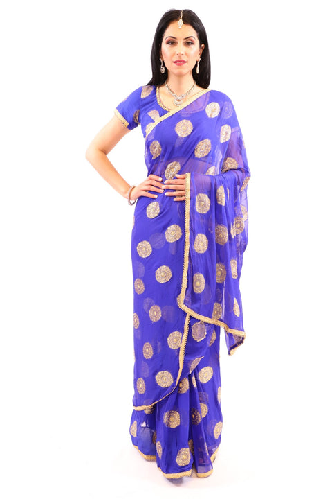 Royalty Blue with Gold Print Pre-Pleated Ready-Made Sari-SNT10014