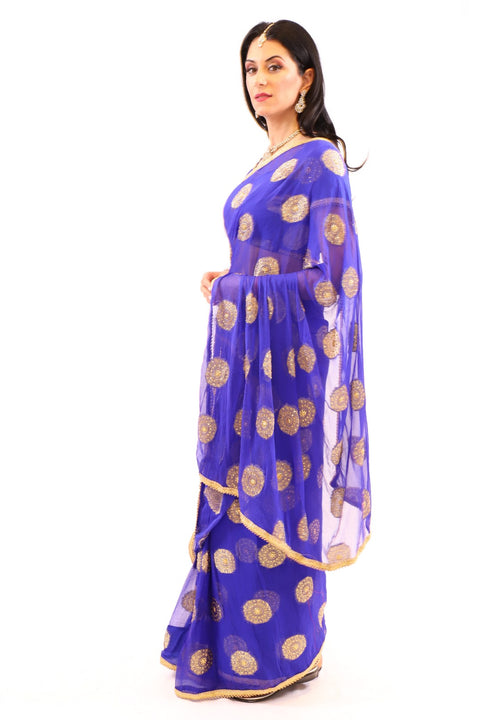 Royalty Blue with Gold Print Pre-Pleated Ready-Made Sari-SNT10014