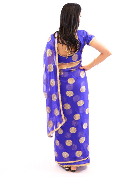 Royalty Blue with Gold Print Pre-Pleated Ready-Made Sari-SNT10014