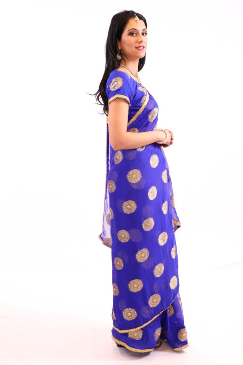 Royalty Blue with Gold Print Pre-Pleated Ready-Made Sari-SNT10014