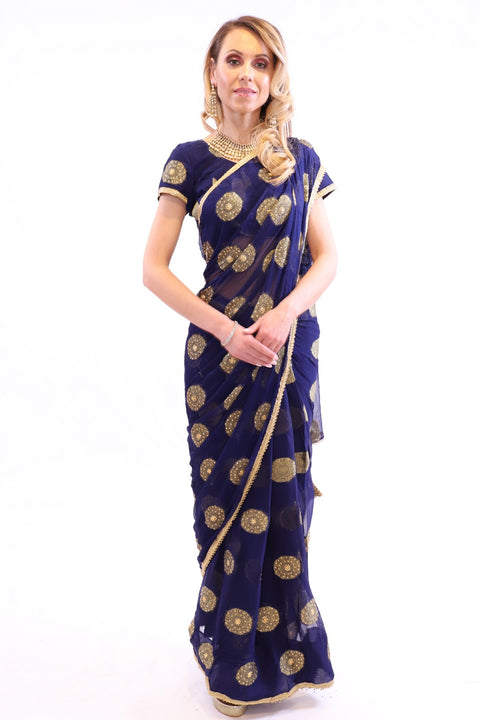 Enchanting Navy Blue with Gold Print Pre-Pleated Ready-Made Sari-SNT10013