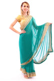 Dappled Green with Golden Embroidered Pre-Pleated Ready-Made Sari-SNT10010