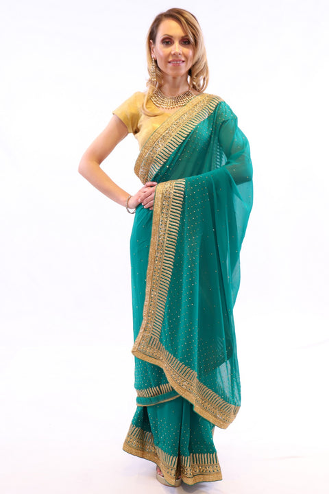 Dappled Green with Golden Embroidered Pre-Pleated Ready-Made Sari-SNT10010