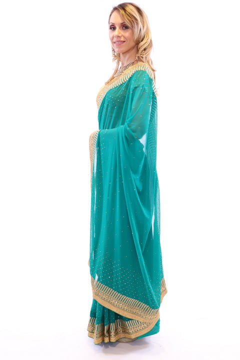 Dappled Green with Golden Embroidered Pre-Pleated Ready-Made Sari-SNT10010