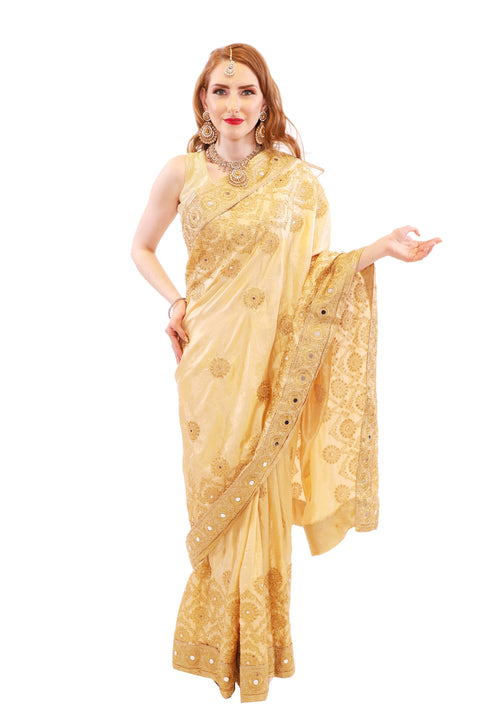 Golden Goddess Embroidered Pre-Pleated Ready-Made Sari