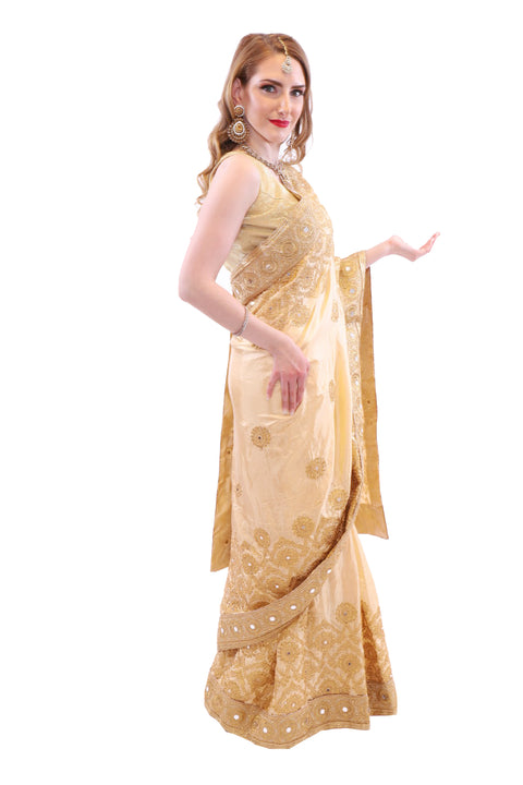 Golden Goddess Embroidered Pre-Pleated Ready-Made Sari