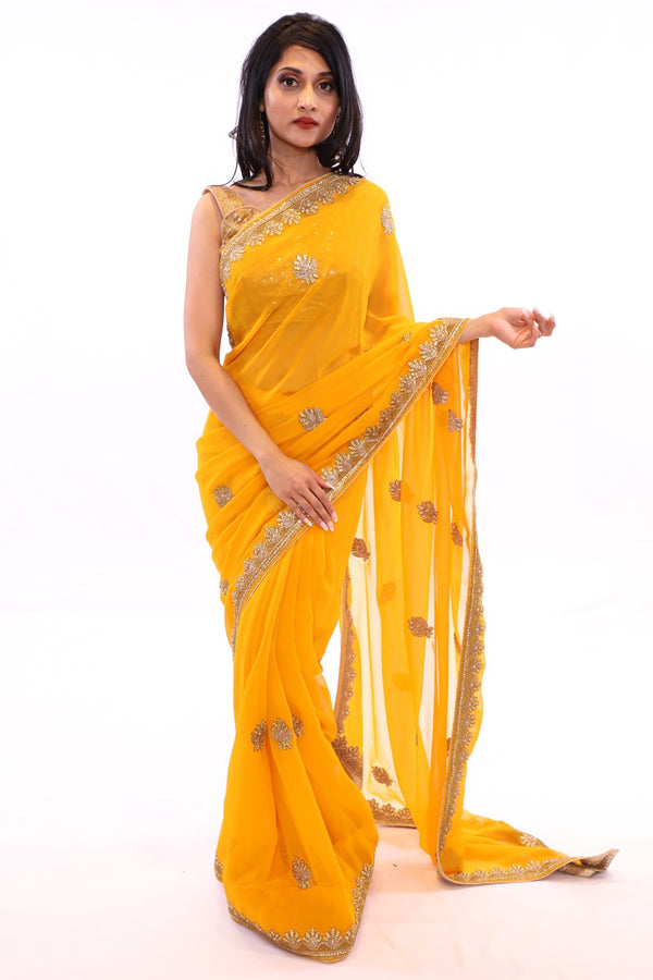 Divine Yellow with Gold Embroidered Pre-Pleated Ready-Made Sari-SNT10006