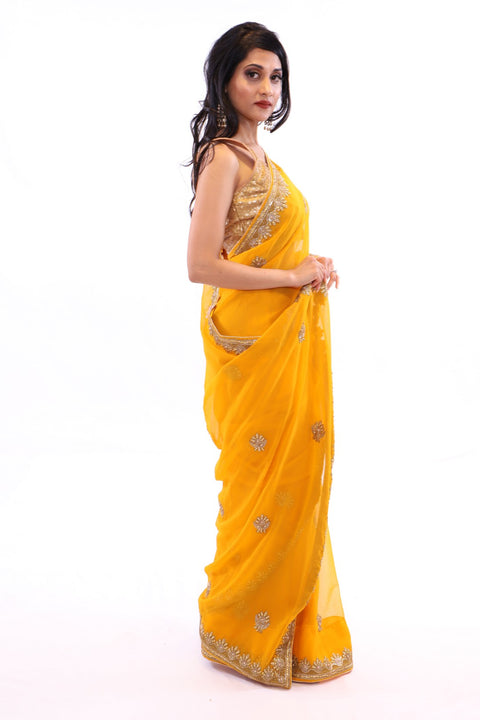 Divine Yellow with Gold Embroidered Pre-Pleated Ready-Made Sari-SNT10006