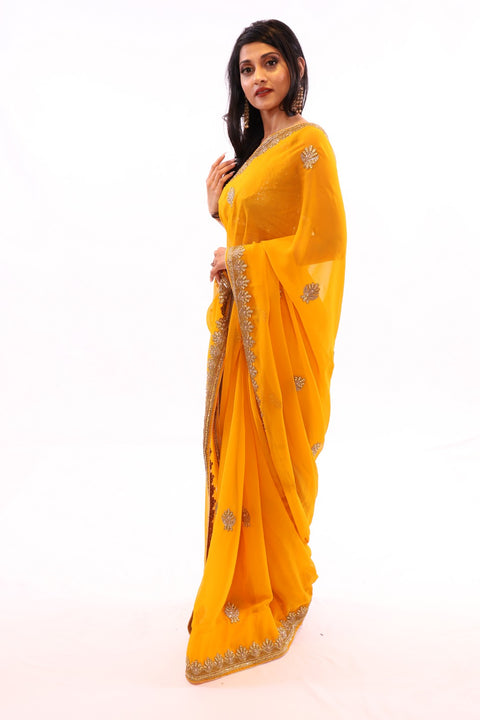 Divine Yellow with Gold Embroidered Pre-Pleated Ready-Made Sari-SNT10006