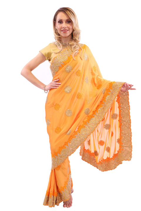 Charming Marigold with Gold Embroidered Pre-Pleated Ready-Made Sari-SNT10003