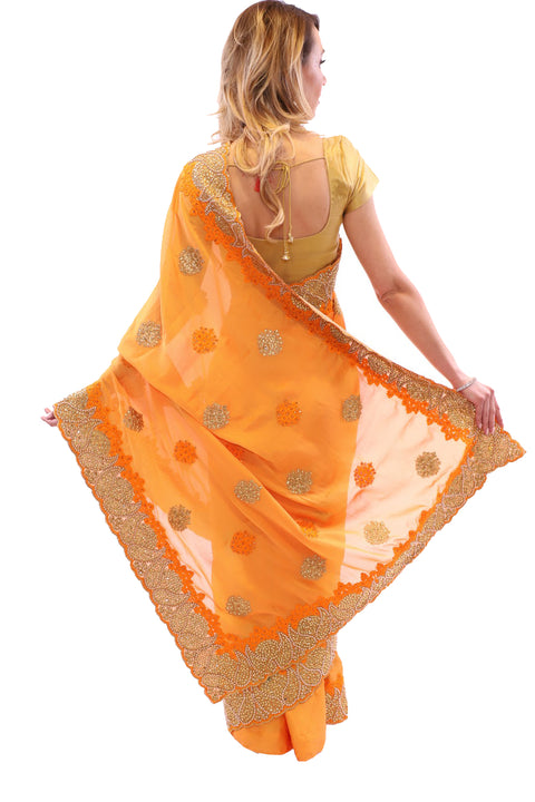 Charming Marigold with Gold Embroidered Pre-Pleated Ready-Made Sari-SNT10003