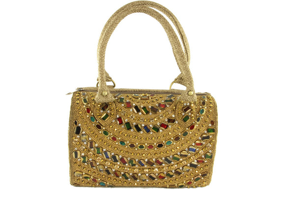 Designer Gold Beaded Purse with Multicolor Rhinestones