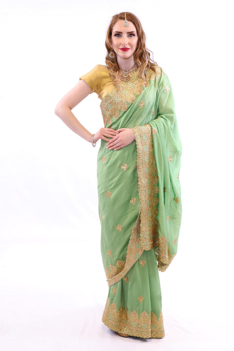 Radiant Mint with Golden Embroidered Pre-Pleated Ready-Made Sari-SNT10002