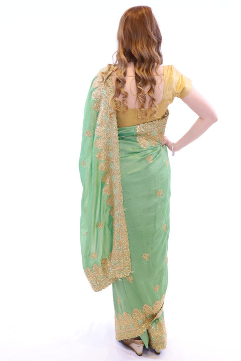 Radiant Mint with Golden Embroidered Pre-Pleated Ready-Made Sari-SNT10002