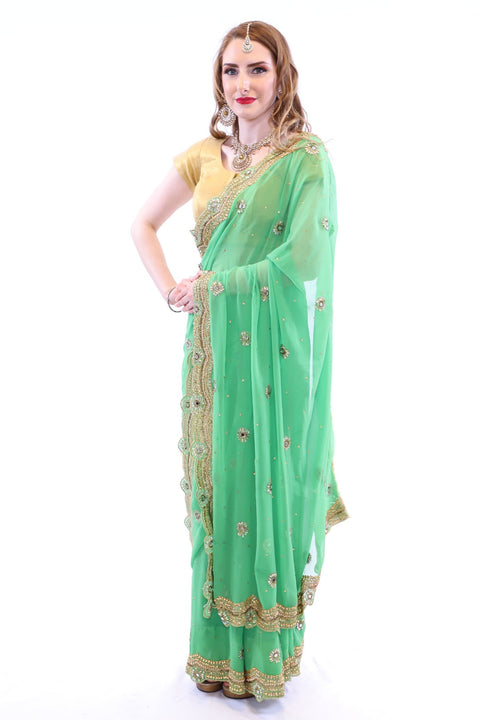 Pastel Green with Golden Embroidered Pre-Pleated Ready-Made Sari-SNT10001
