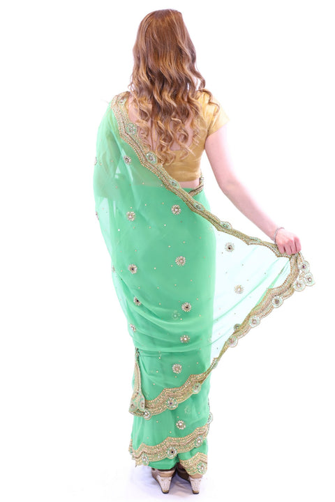 Pastel Green with Golden Embroidered Pre-Pleated Ready-Made Sari-SNT10001