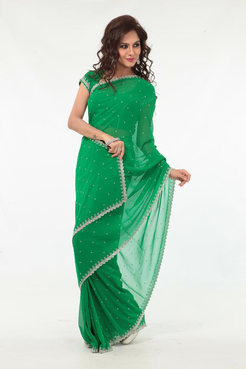 Earthy Green Elegant Sheer Ready-made Sari-SNT10197