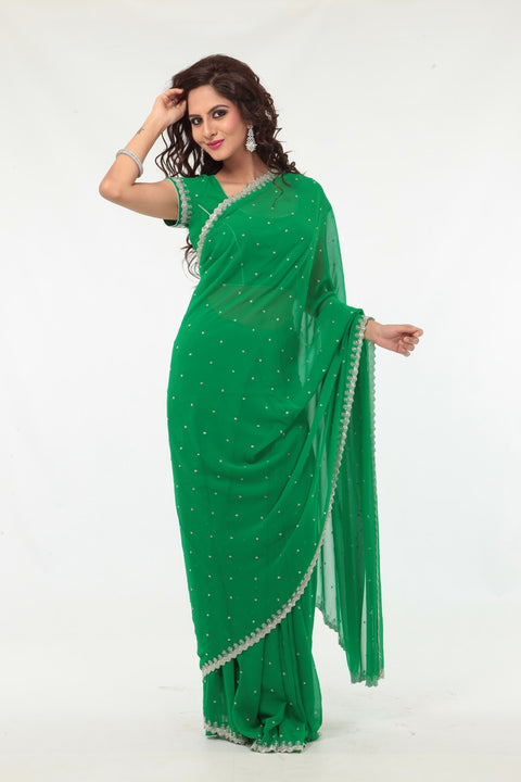 Earthy Green Elegant Sheer Ready-made Sari-SNT10197