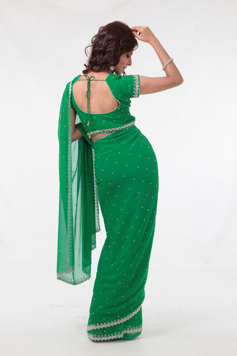 Earthy Green Elegant Sheer Ready-made Sari-SNT10197