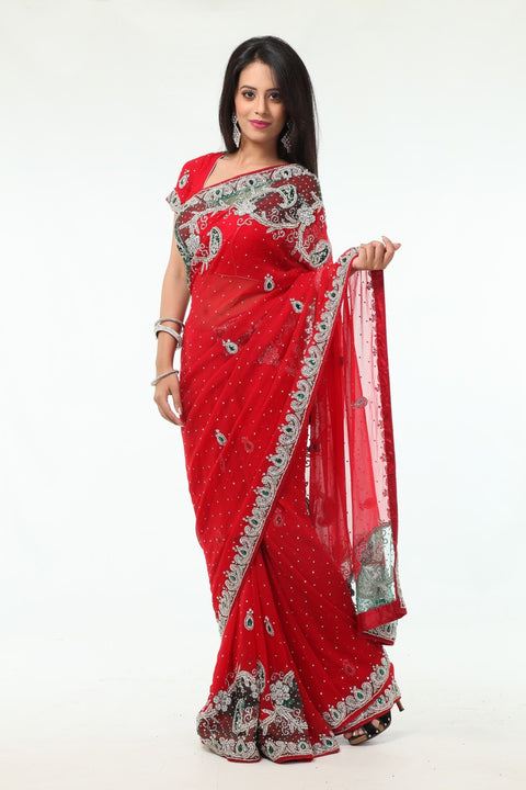 Flamboyant and Dazzling Red Wedding Sari