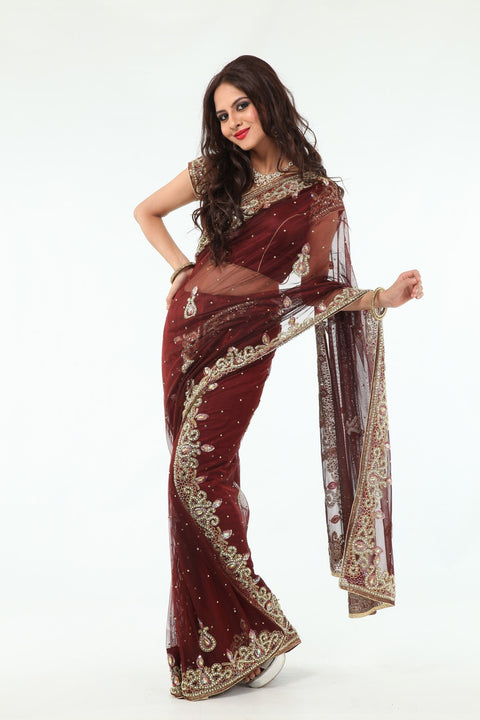 Striking Auburn Diamonds Net Lehenga Style Sari