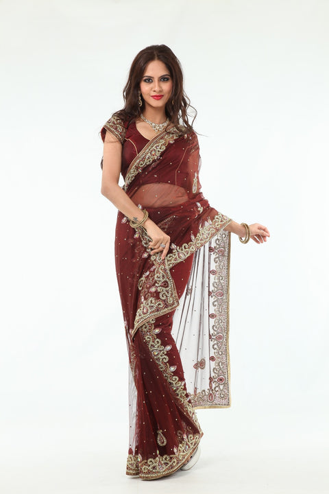 Striking Auburn Diamonds Net Lehenga Style Sari