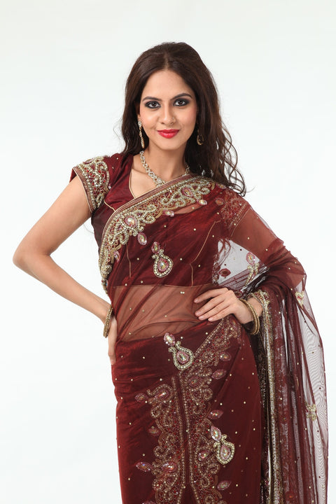 Striking Auburn Diamonds Net Lehenga Style Sari