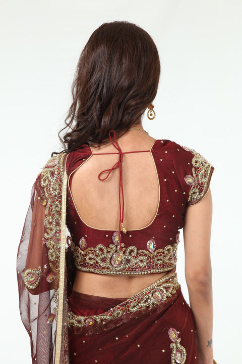 Striking Auburn Diamonds Net Lehenga Style Sari