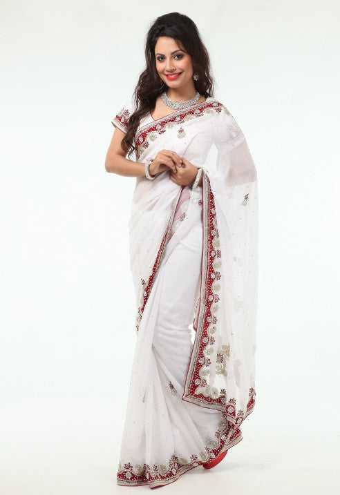 Magnificent White Beauty Rich Red Border Sari