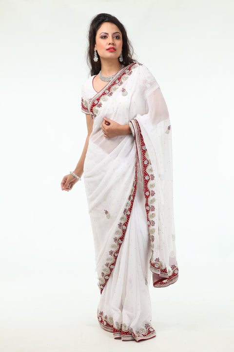 Magnificent White Beauty Rich Red Border Sari