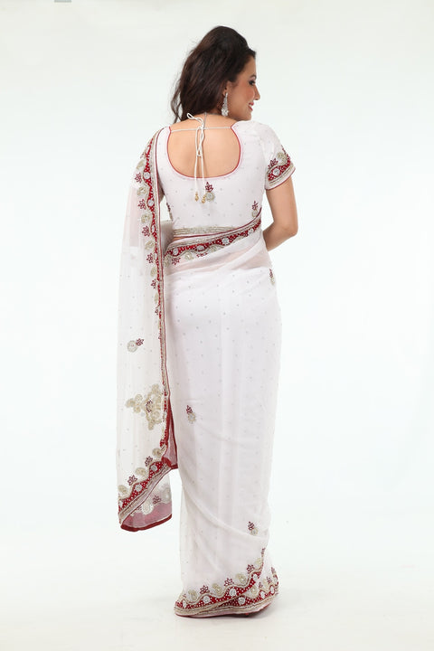 Magnificent White Beauty Rich Red Border Sari