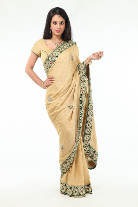 Classic Beige Gleaming Green Border Sari