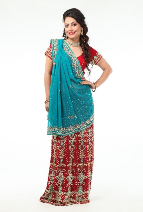Gorgeous Red & Blue Lehenga Style Ready-made Sari