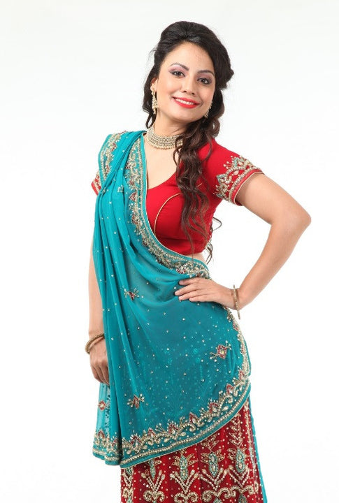 Gorgeous Red & Blue Lehenga Style Ready-made Sari