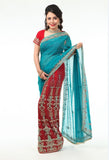 Gorgeous Red & Blue Lehenga Style Ready-made Sari