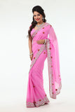 Blushing Beauty in Pink Sari with Silver Beaded Border