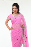 Blushing Beauty in Pink Sari with Silver Beaded Border