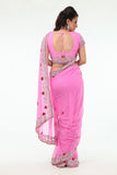 Blushing Beauty in Pink Sari with Silver Beaded Border