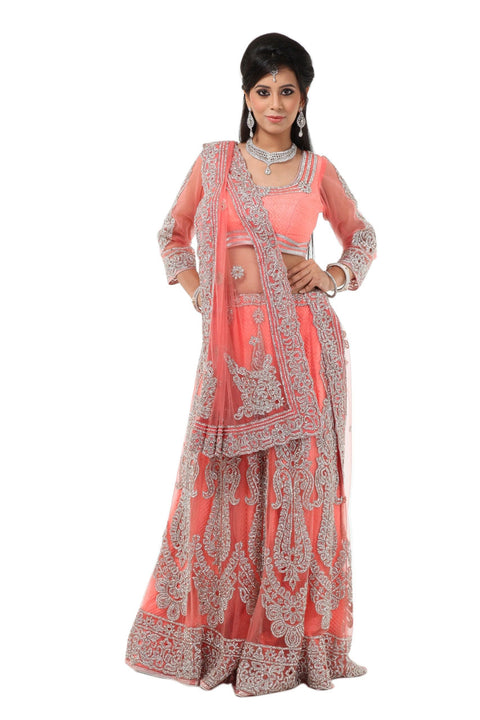 Sensational & Glamorous Diamond Studded Coral Lehenga Choli - SNT11137